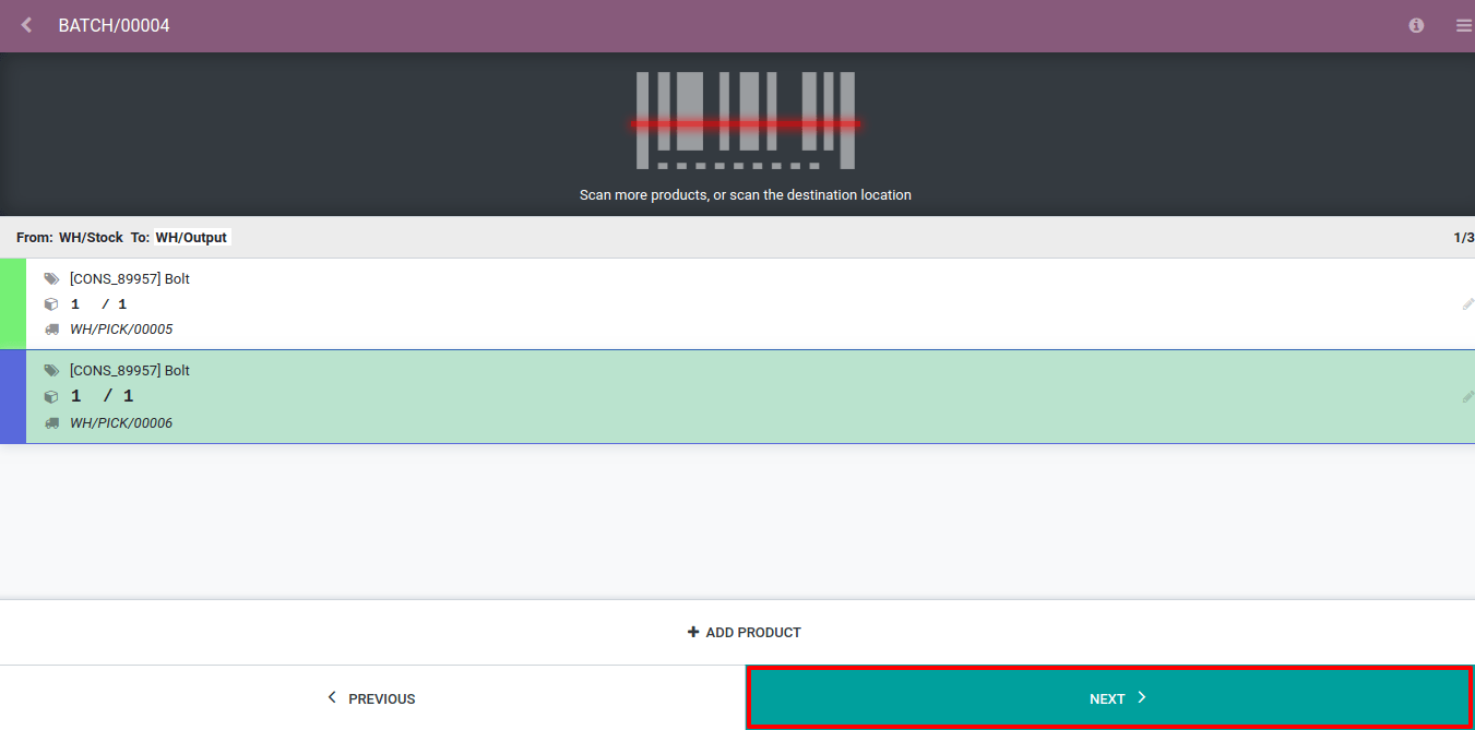 View of a ready and completed batch transfer inside of the Odoo Barcode application