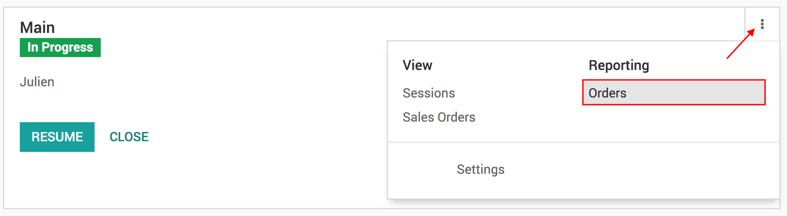 Accessing orders analysis via the point of sale dashboard. Reporting feature on the PoS form.