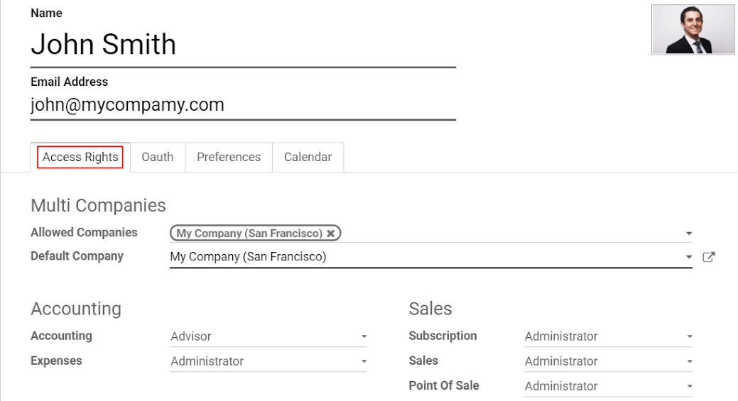 View of a user’s form emphasizing the access rights tab in Odoo