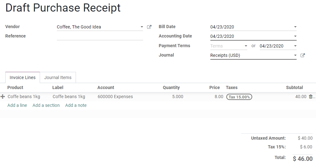 Fill out the draft purchase receipt in Odoo Accounting